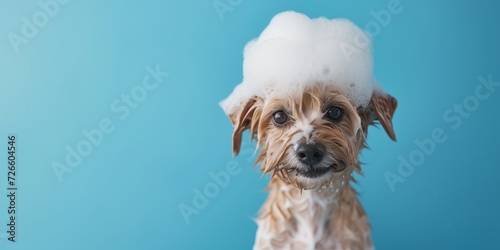Wet puppy dog taking bath with soap bubble foam on head, banner