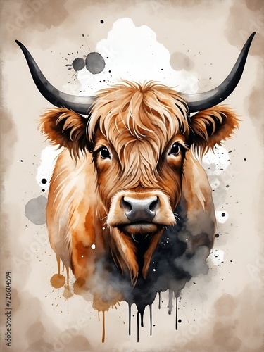 highland cow, animal art, color splash, artistic, warm colors, illustration 