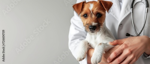 Veterinary banner with small cute dog on hands of veterinarian doctor photo