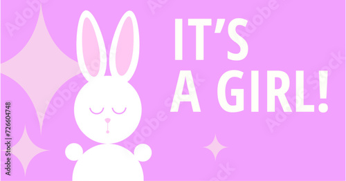 It's a girl it's vector greeting card for baby shower and gender party. Baby announcement card design element rabbit. Sweet Bunny on pink background.