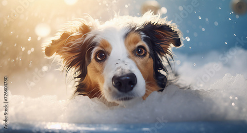 Um jovem cachorro tomando banho com espuma photo