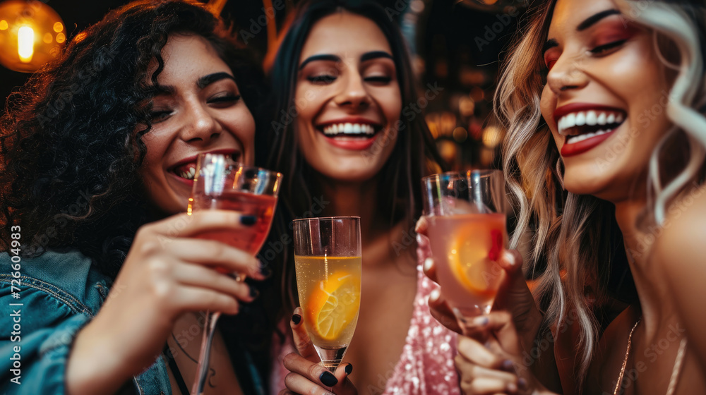 A group of girlfriends enjoying cocktails at a bar. Young women laugh with glasses of cocktails in their hands.