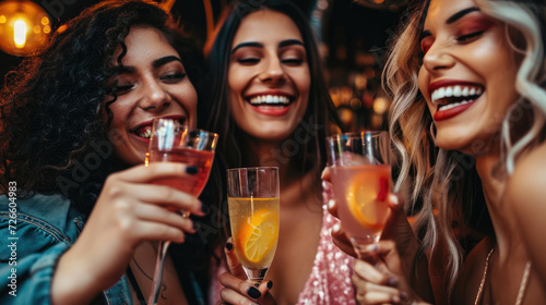 A group of girlfriends enjoying cocktails at a bar. Young women laugh with glasses of cocktails in their hands. photo