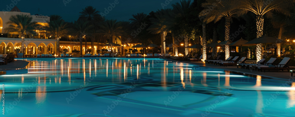 Evening outdoor pool in a luxury hotel with relaxation areas. Amazing vacation.