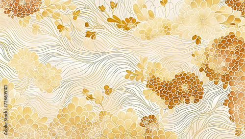 golden floral pattern with chrysanthemum on background of flowing lines