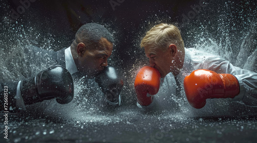 Two election candidates wearing boxing gloves fight in waist-deep water. A boxing match between two men in business suits. An illustration of the tough choices for the presidency.