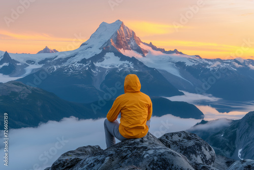 A person in a yellow coat sitting on rocks, overlooking a majestic view of snow-capped mountains, a serene lake, and clouds below during sunset