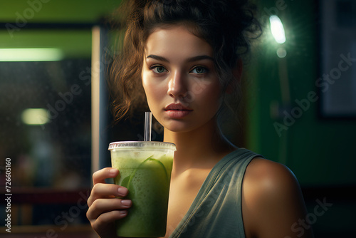 Uma bonita jovem bebendo um suco verde photo