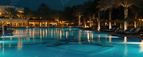 Evening outdoor pool in a luxury hotel with relaxation areas. Amazing vacation. © Evgeniia