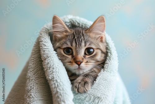 Banner happy wet cat wrapped in a towel after bath at home