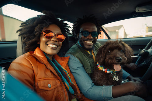 Um casal sorridente dentro de um carro com seu cachorro