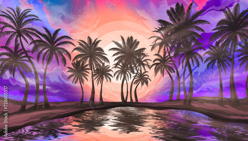 Fototapeta Naklejka Na Ścianę i Meble -  Seascape with palm trees at sunset, neon, silhouettes of palm trees, reflection in the water.
