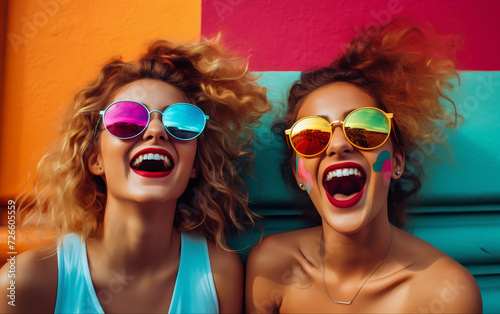 Retrato de duas garotas felizes com óculos de sol se divertindo com um fundo colorido, retrato photo