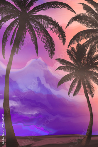 Seascape with palm trees at...