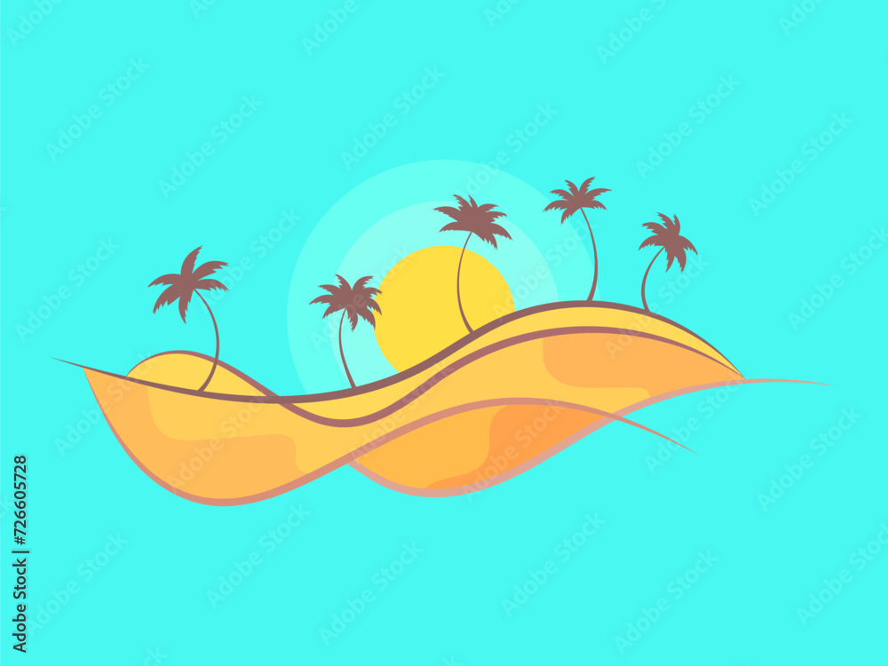 Desert landscape with palm trees and sun isolated on blue background. Desert sand dunes in line art style with palm trees and sunrise. Design for covers, banners and posters. Vector illustration