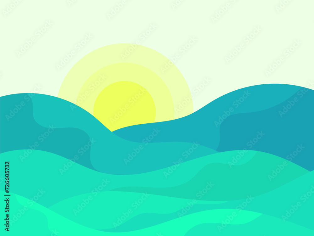 Wavy landscape with green hills and the sun on the horizon. Dawn with green meadows in a minimalist style. Design for posters, prints and banners. Vector illustration Wavy landscape with green hills and the sun on the horizon. Dawn with green meadows in a minimalist style. Design for posters, prints and banners. Vector illustration