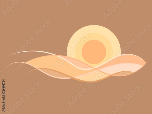Desert landscape with sand dunes in line art style. Sunrise over the desert in minimalist style. Wavy landscape with dunes and sun. Design for banners, posters and wallpapers. Vector illustration