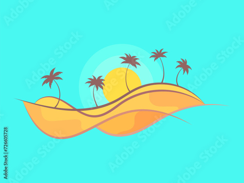 Fototapeta Naklejka Na Ścianę i Meble -  Desert landscape with palm trees and sun isolated on blue background. Desert sand dunes in line art style with palm trees and sunrise. Design for covers, banners and posters. Vector illustration