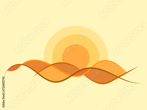 Desert landscape with sand dunes in line art style. Sunrise over the desert in minimalist style. Wavy landscape with dunes and sun. Design for banners, posters and wallpapers. Vector illustration