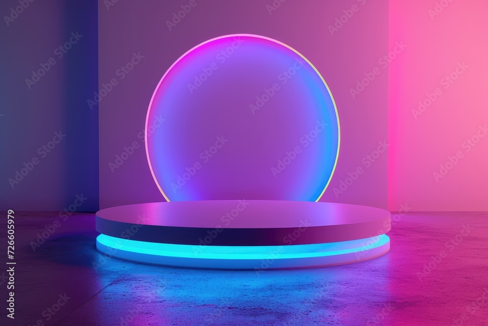 Neon coloured podium in the middle against minimalistic neon background, spotlight stage/podium backdrop for marketing presentations Neon coloured podium in the middle against minimalistic neon background, spotlight stage/podium backdrop for marketing presentations
