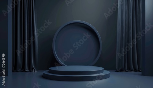 Dark podium in the middle against minimalistic dark coloured background, spotlight stage/podium backdrop for marketing presentations