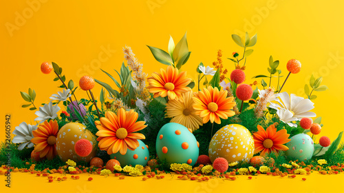 Easter floral composition with red and yellow flowers, branches, leaves and eggs. Flower bouquet on yellow background