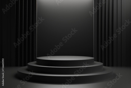 Black podium in the middle against minimalistic black background, spotlight stage/podium backdrop for marketing presentations