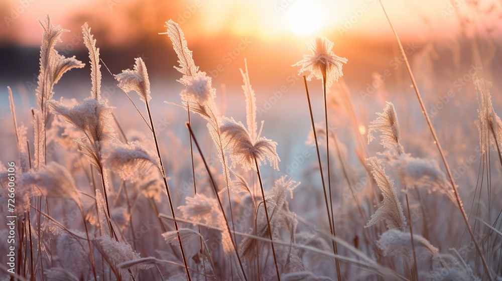 Obraz premium Field of Tall Grass Amidst a Gentle Snowfall - Serene Winter Landscape