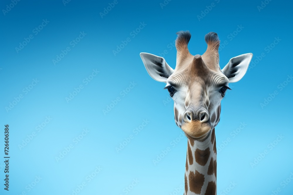 Fototapeta premium Professional studio image of a giraffe against vibrant blue backdrop with space for custom text