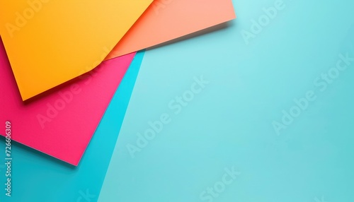 Colourful paper sheets on a light blue background with empty space, minimalistic colourful presentation background