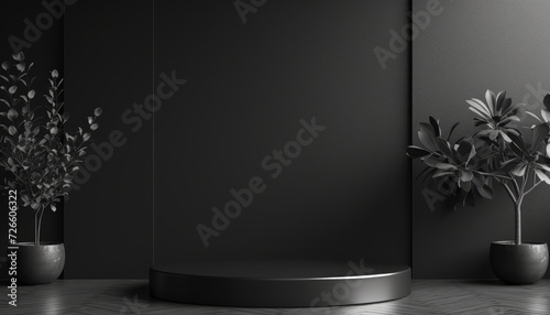 Black podium in the middle against minimalistic black background, spotlight stage/podium backdrop for marketing presentations