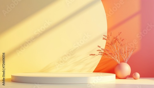 Light orange podium in the middle against minimalistic background, spotlight stage/podium backdrop for marketing presentations