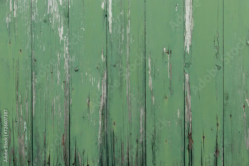 Background texture of a old wheatered green plank fence with cracked paint