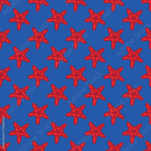 Seastar seamless pattern on the blue background