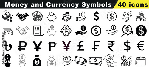 40 money and currency symbols Vector illustration set. Icons include dollar, euro, pound, yen, bitcoin, and more. Perfect for financial reports, web, and app design