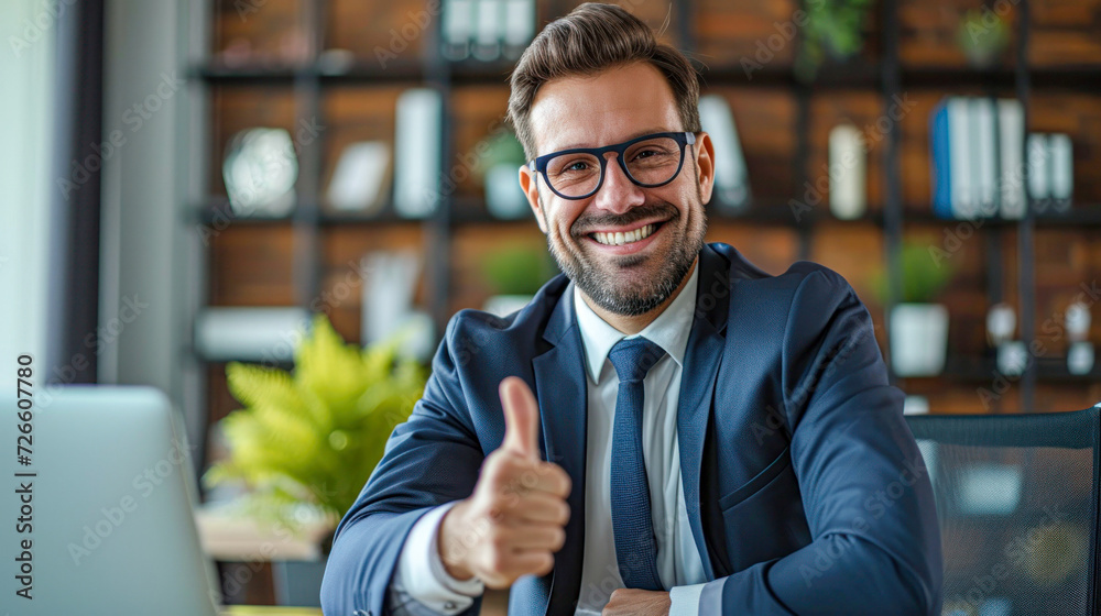 Handsome young businessman giving a thumbs up while working at his desk in a modern office setting. Handsome young businessman giving a thumbs up while working at his desk in a modern office setting.