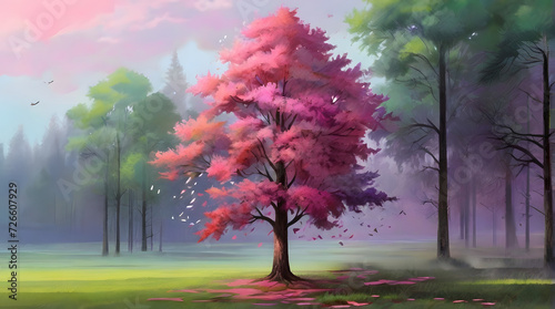  a tree with pink and purple leaves  feathers on the background of a green forest on a meadow  rain  dawn  green bright colors  earth day  ecology  nature  selective focus  shallowedepth of field  blu