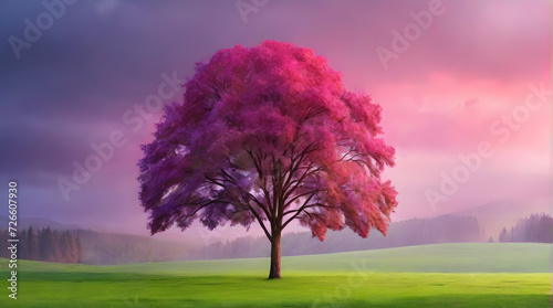 a tree with pink and purple leaves, feathers on the background of a green forest on a meadow, rain, dawn, green bright colors