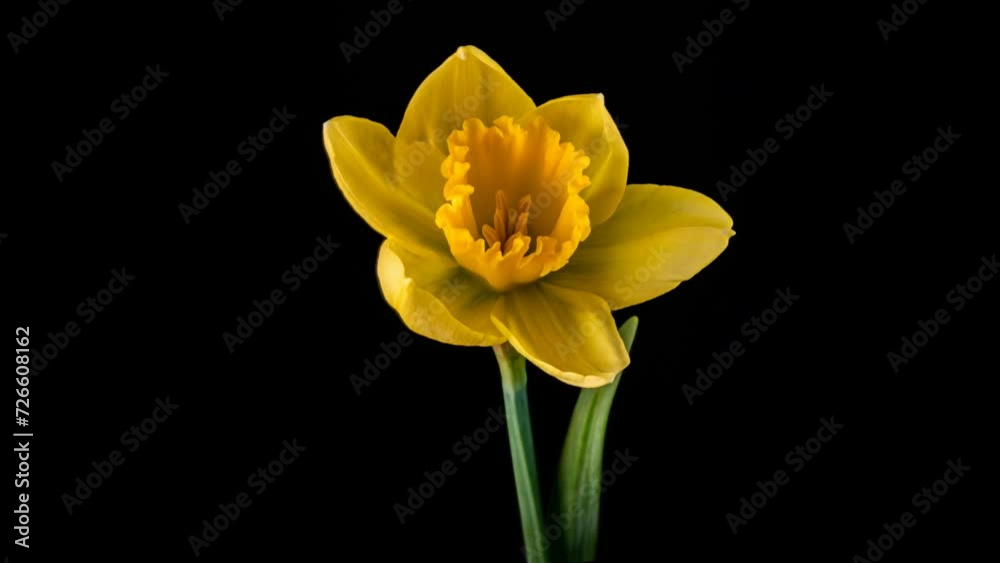 Timelapse video of opening blossom of yellow daffodil on black background. Timelapse video of opening blossom of yellow daffodil on black background.