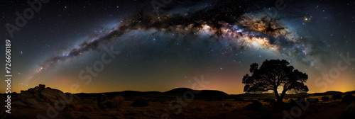 Panoramic night landscape with starry sky, Milky way and starfall