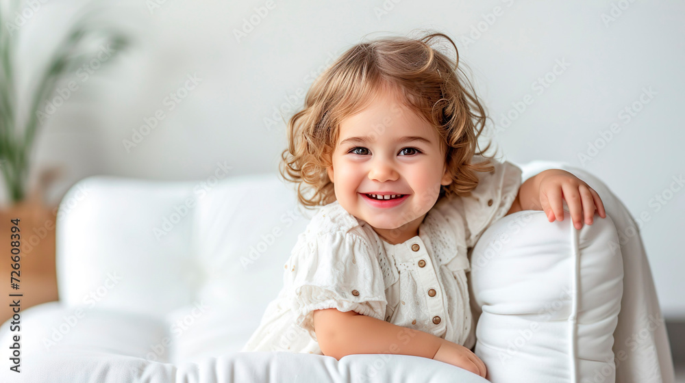 A little girl is smiling while sitting on a white sofa in a room A little girl is smiling while sitting on a white sofa in a room