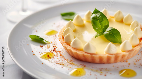 Tart with lemon and basil on a white platter