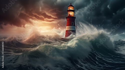Scenic illustration of a beautiful lighthouse in a storm with strong waves. Neural network AI generated art