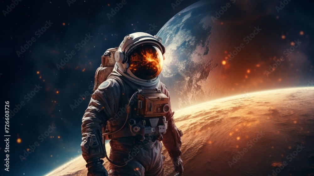 Astronaut against the backdrop of the earth in space. Neural network AI generated art