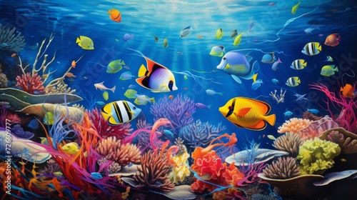 Animals of the underwater sea world. Ecosystem. Colorful tropical fish. Neural network AI generated art © mehaniq41