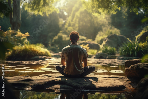 Person meditating in a serene park, finding peace and mindfulness. Concept of stress reduction and mental wellness. Generative Ai.