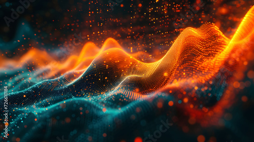 wavy lines with orange dots and shapes, tilt shift style, innovative techniques, , data visualization, showing blue and orange waves of light in the background, pointillism dots and dashes, light gold