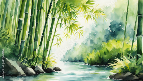 Bamboo forestbright side viewsimple white background small river. photo
