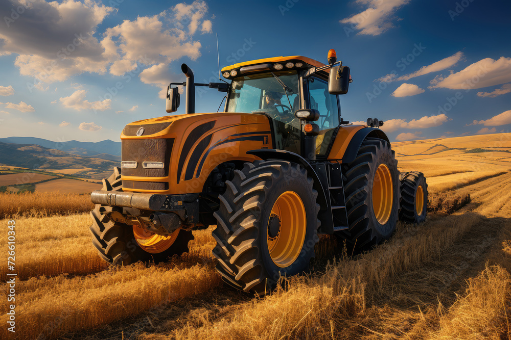 A tractor during the harvest. Tractor working on the rice fields barley farm at sunset time, modern agricultural transport. A tractor during the harvest. Tractor working on the rice fields barley farm at sunset time, modern agricultural transport.