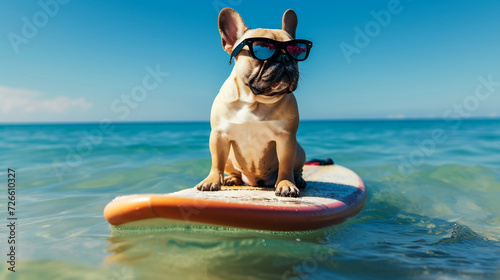 Cute dog surfing on a surfboard with sunglasses in ocean or sea in summer vacation holidays.Travel preparation and planning. Concept of recreation, travel,tourism. Pets care. Hawaii, California, Bali. © Evgeniya
